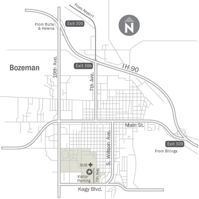 Map of Bozeman highlighting routes to campus.