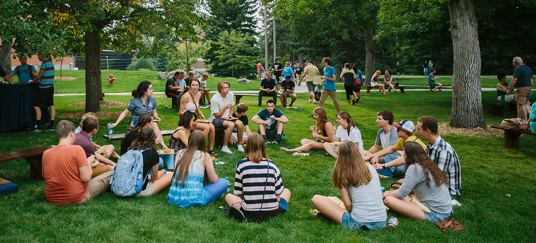 Students sitting in the Romney Oval during the welcome barbeuqe.