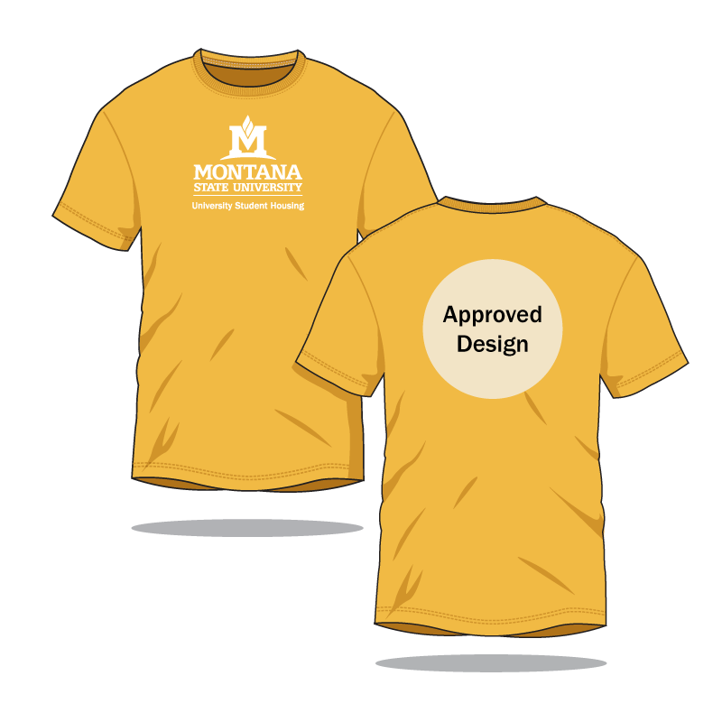 gold t-shirt front with msu logo, gold t-shirt back with a circle and text that says approved design