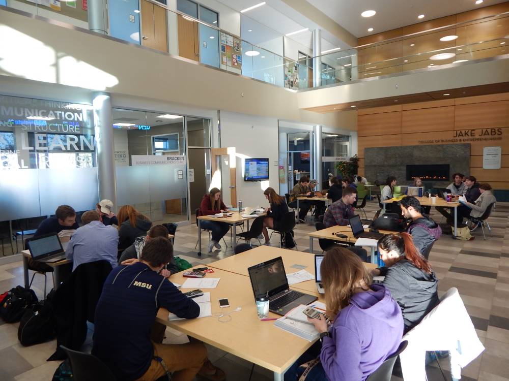 Students studying in the Jabs Hall Forum