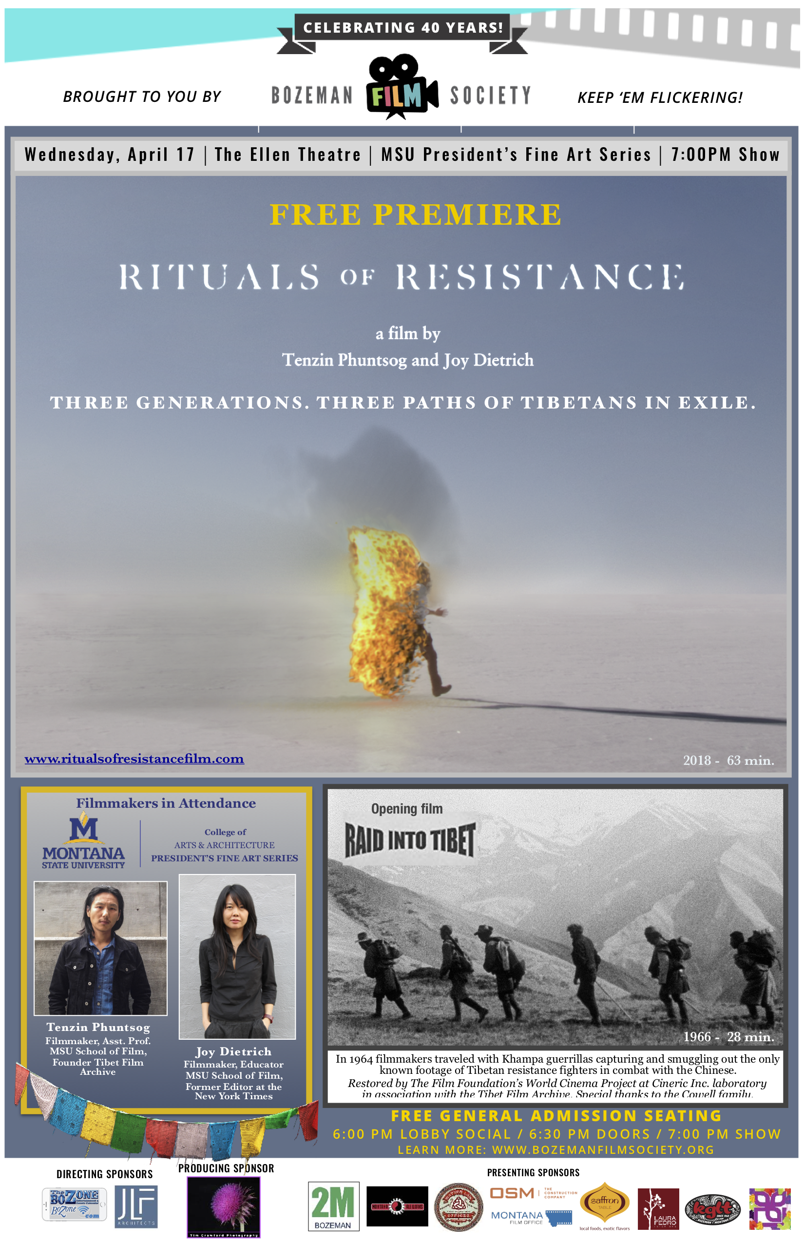 Poster for Presidents fine art series, free premire of Rituals of Resitance. At the ellen theater 4/17 at 7PM
