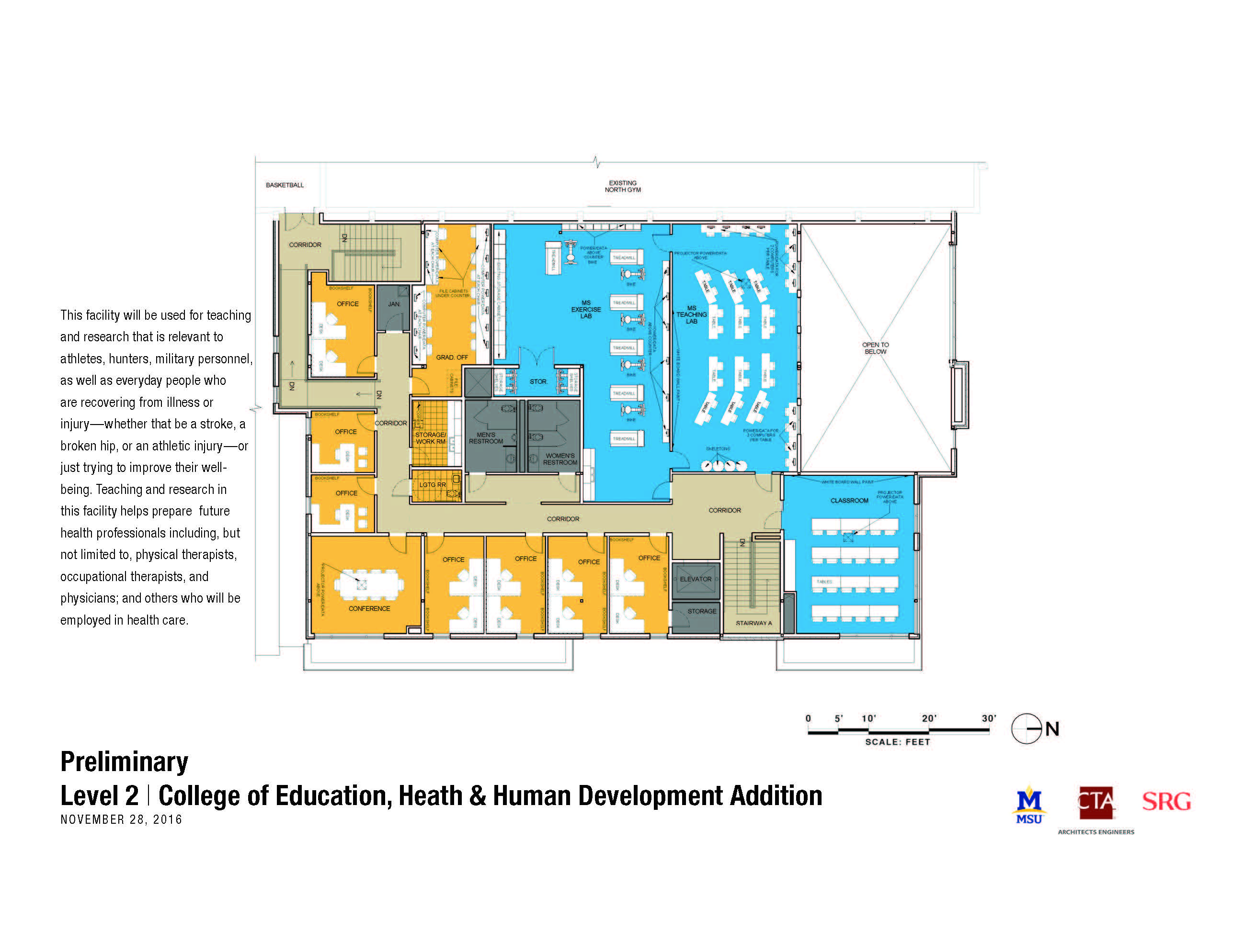 Preliminary floor plan design for Level 2 of a College of Education, Health and Human Development addition