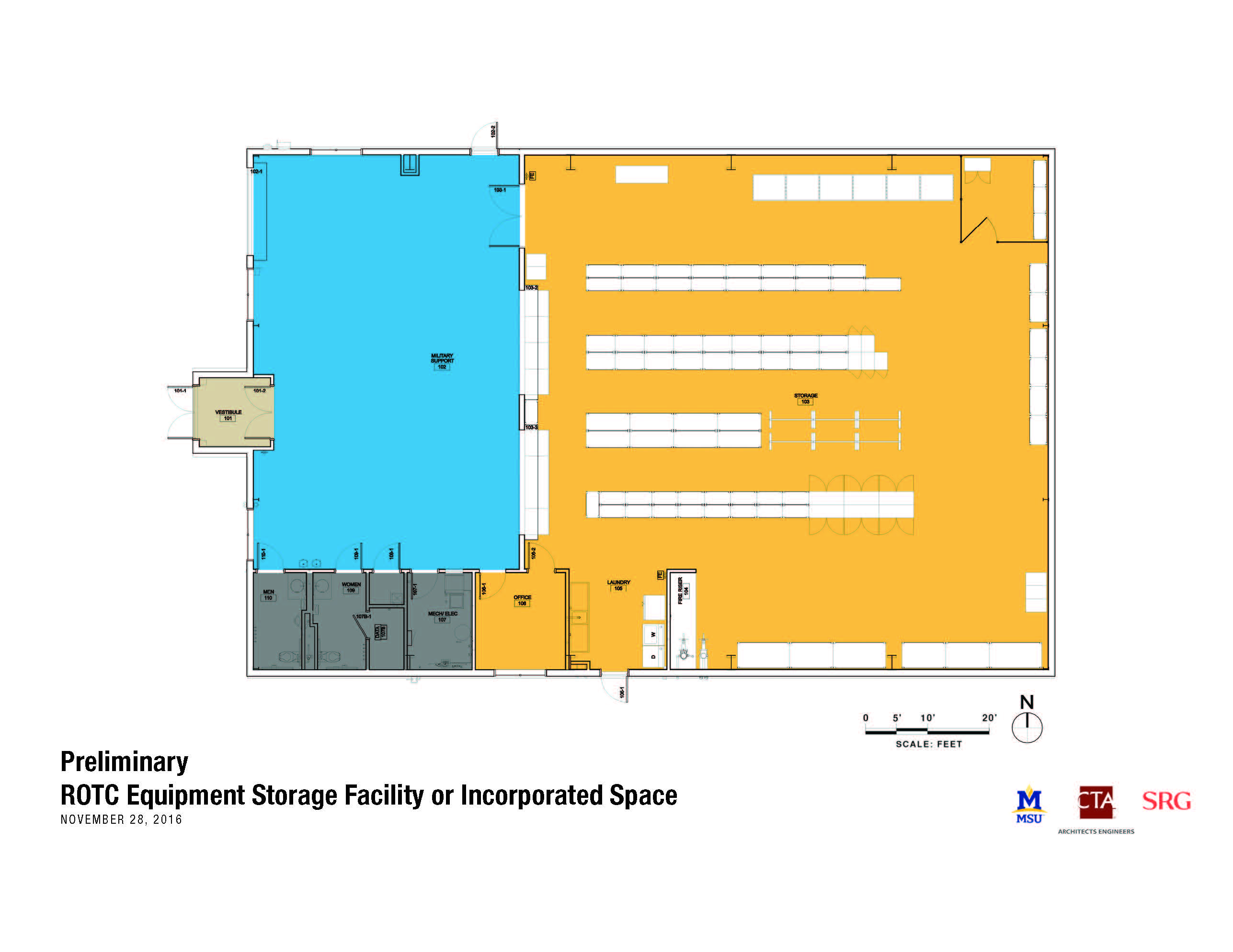Preliminary floorplans for an ROTC Equipment Storage Facility or incorporated space.