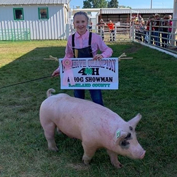 little girl standing behind a pig, holding a certificate at a 4-H auction