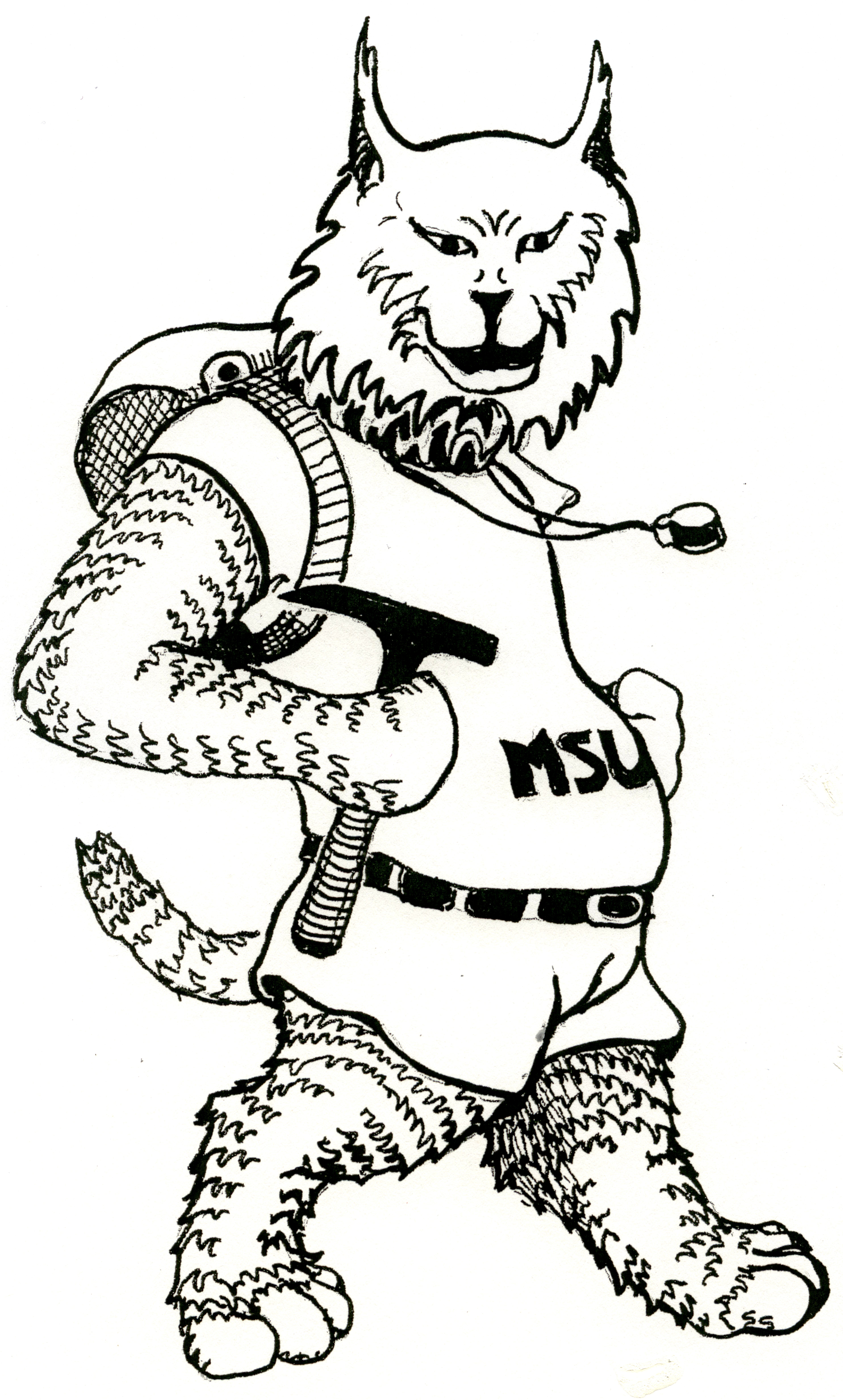 MSU bobcat mascot with geology hammer - cartoon