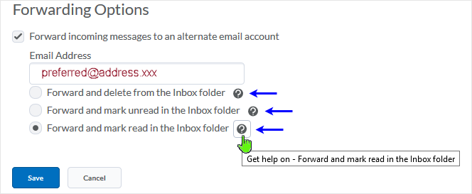 D2L 20.19.05 screenshot - select question mark icon for help in the Forwarding Options area