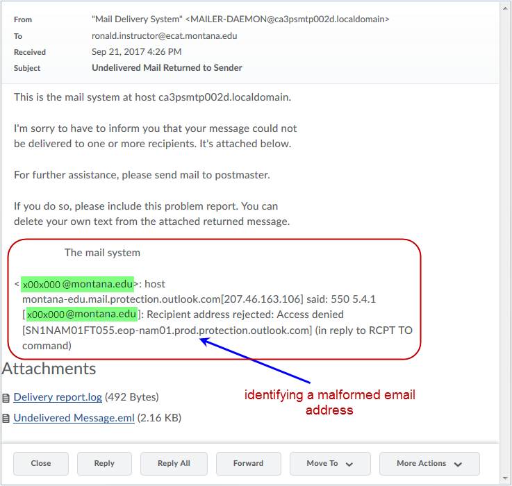 D2L DL CD v1074 screenshot - locate the malformed email address in the notification message