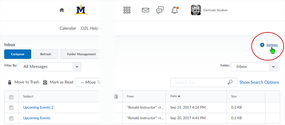 D2L DL CD v1074 screenshot - select "Settings" link in the upper right