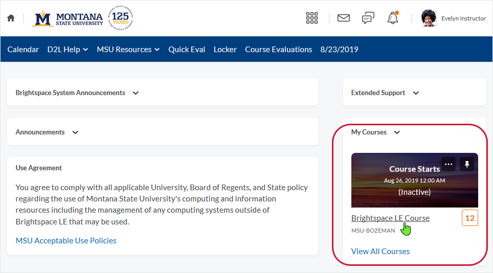 D2L 20.19.8 screenshot - selecting the link or image to enter a course from the "My Courses" widget
