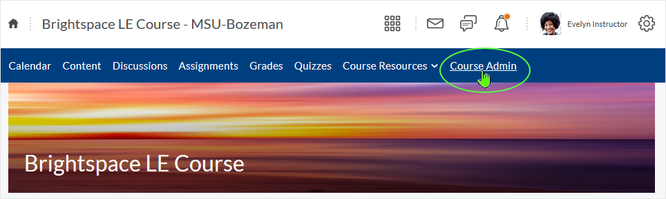 D2L 20.19.8 screenshot - select the "Course Admin" link from the course nav bar