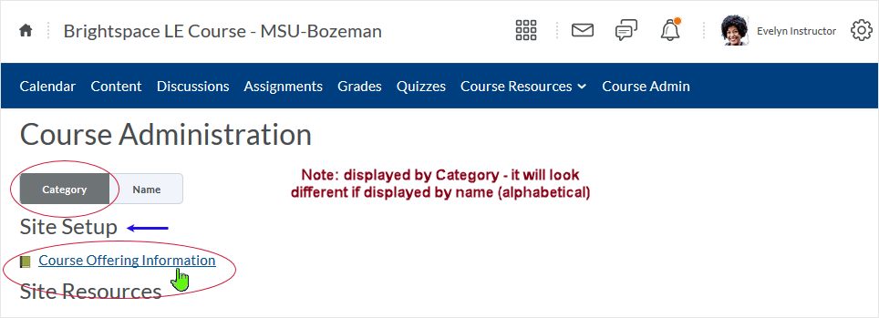 D2L20.19.8 screenshot - select the "Course Offering Information" link