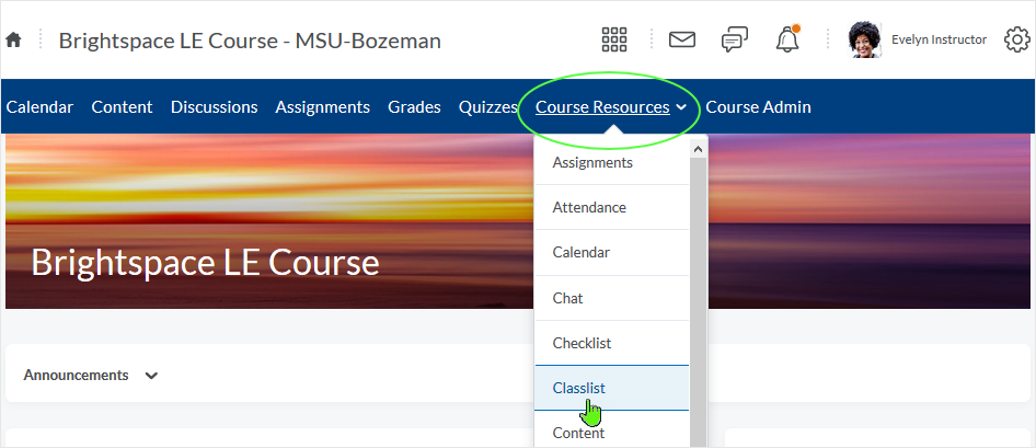 D2L 20.19.6 screenshot - select classlist from "Course Resources" drop menu
