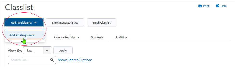 D2L 20.19.6 screenshot - select "Add Existing Users" from the drop menu