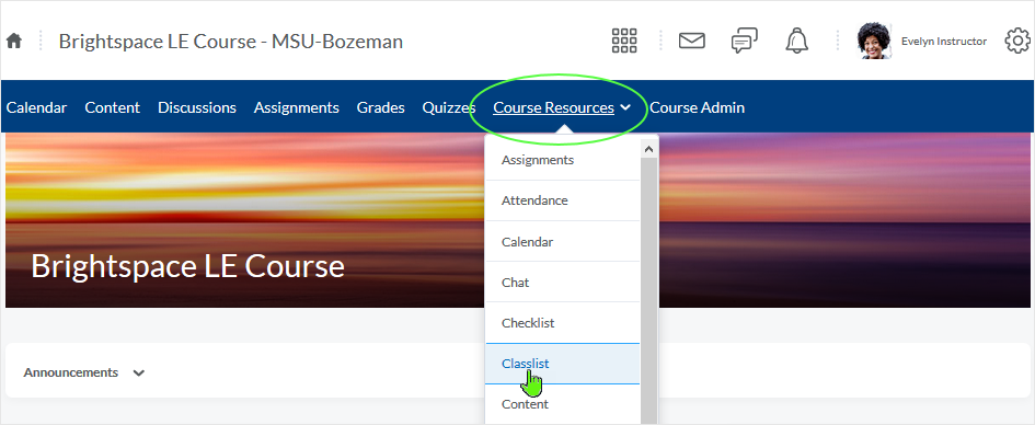 D2L 20.19.06 screenshot - classlist access from the "Course Resources" dropdown menu