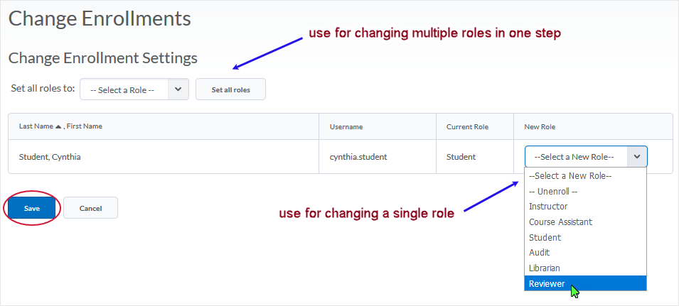 D2L 20.19.06 screenshot - select the new role for the user