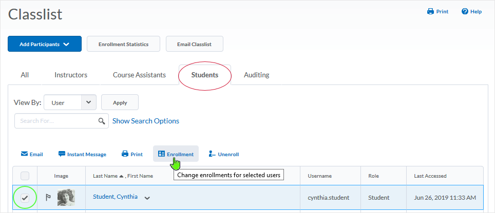 D2L 20.19.6 screenshot - select the enrollment icon at the top of the Classlist table display