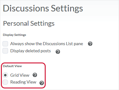 D2L 20.19.6 screenshot - shows how to set the preferences for Grid view (or Reading View) in the Account Settings area as well as of a Discussions topic