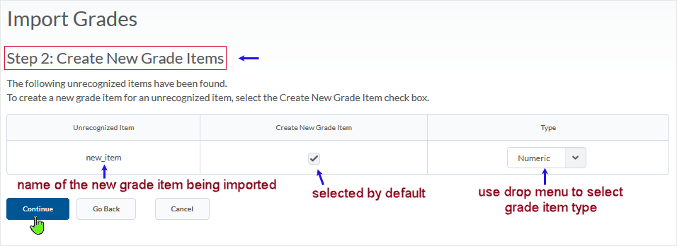 D2L 20.19.6 screenshot - shows step 2 of the process when the "Create new grade item... has been selected