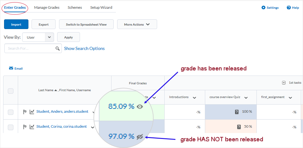 D2L 20.19.6 screenshot - when in the "Enter Grades" area, icons let instructors know that the final grade has been released/unreleased