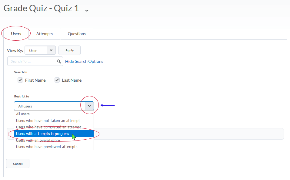 D2L 20.19.6 screenshot - using the Restrict to drop selection list to find users with attempts in progress