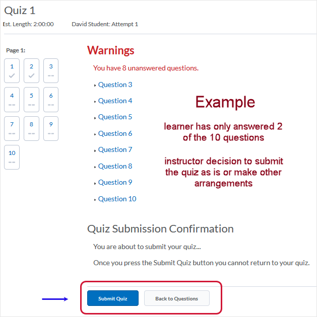 D2L 20.19.6 screenshot - "Quiz Submission Confirmation" page display
