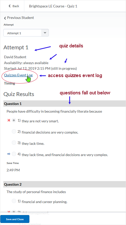 D2L 20.19.6 screenshot - select the Quizzes Event Log link