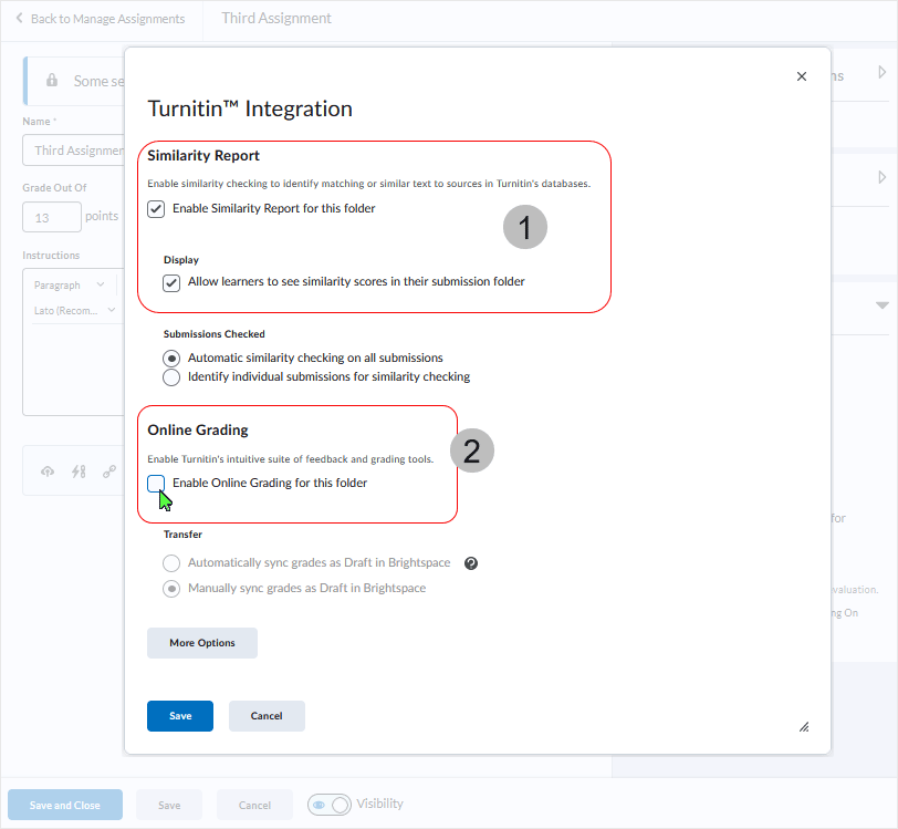 Brightspace screenshot 20.22.10 - enabling Turnitin for a folder requires that "Enable GradeMark® for this folder" is selected