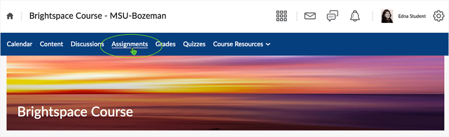 Brightspace 20.23.2 screenshot - access the Assignments artea from the course home page