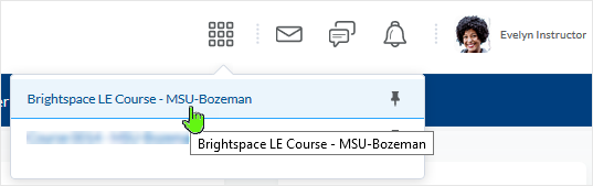 D2L 20.19.05 screenshot - courses display in a drop menu - select a course to enter into by clicking on it's name