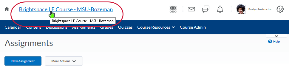 D2L 20.19.05 screenshot - select the course name in the mini-bar to get back to the course home page