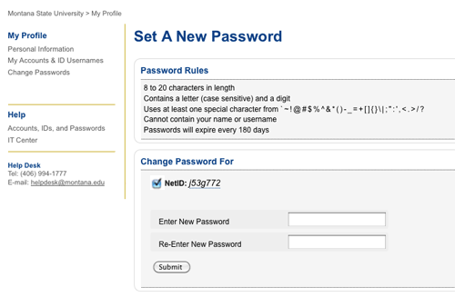 Set a New Password page