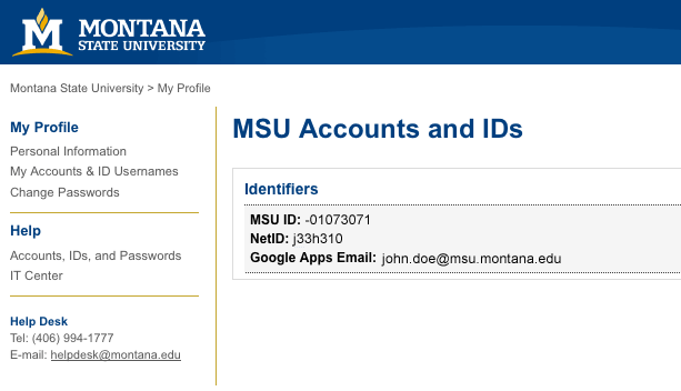 Account Credentials page
