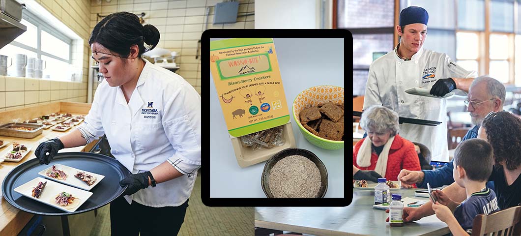 photo collage of undergraduate students preparing and serving food for a consumer study; product image of bison-berry crackers