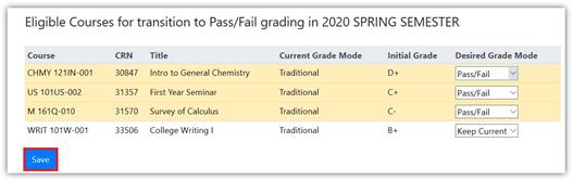 Screenshot of screen with options for selecting pass/fail grading option in MyInfo