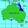 Distribution of scrub typhus in Australia, indicated by medium blue shading. The disease occurs along the coastal region of north Queensland, Australia.