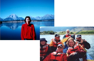 women at lake, top left. family on rafting trip, bottom right.