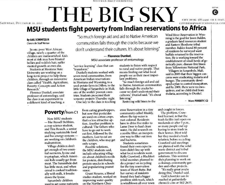 Article from the Bozeman Daily Chronicle describing Work of AGSC 465R Students