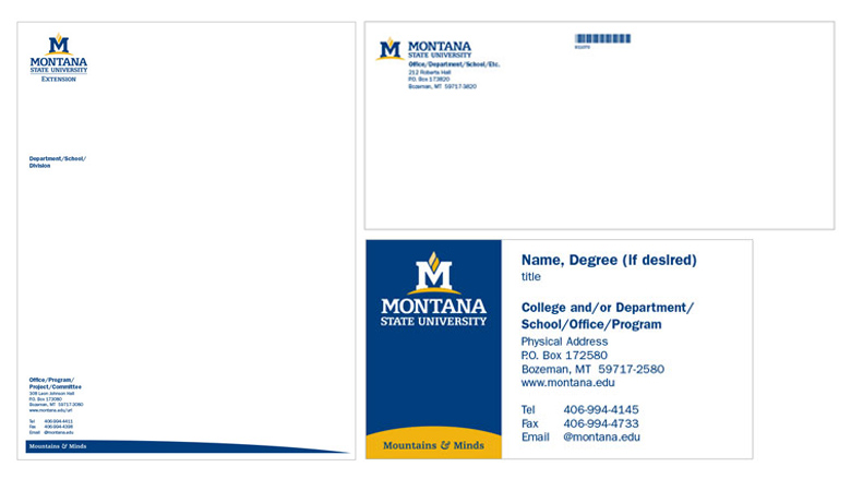 An image of an MSU branded letterhead, envelope, and business card