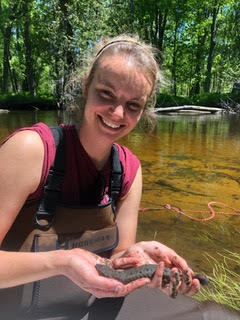 Kadie Heinle is holding a mud puppy in a river
