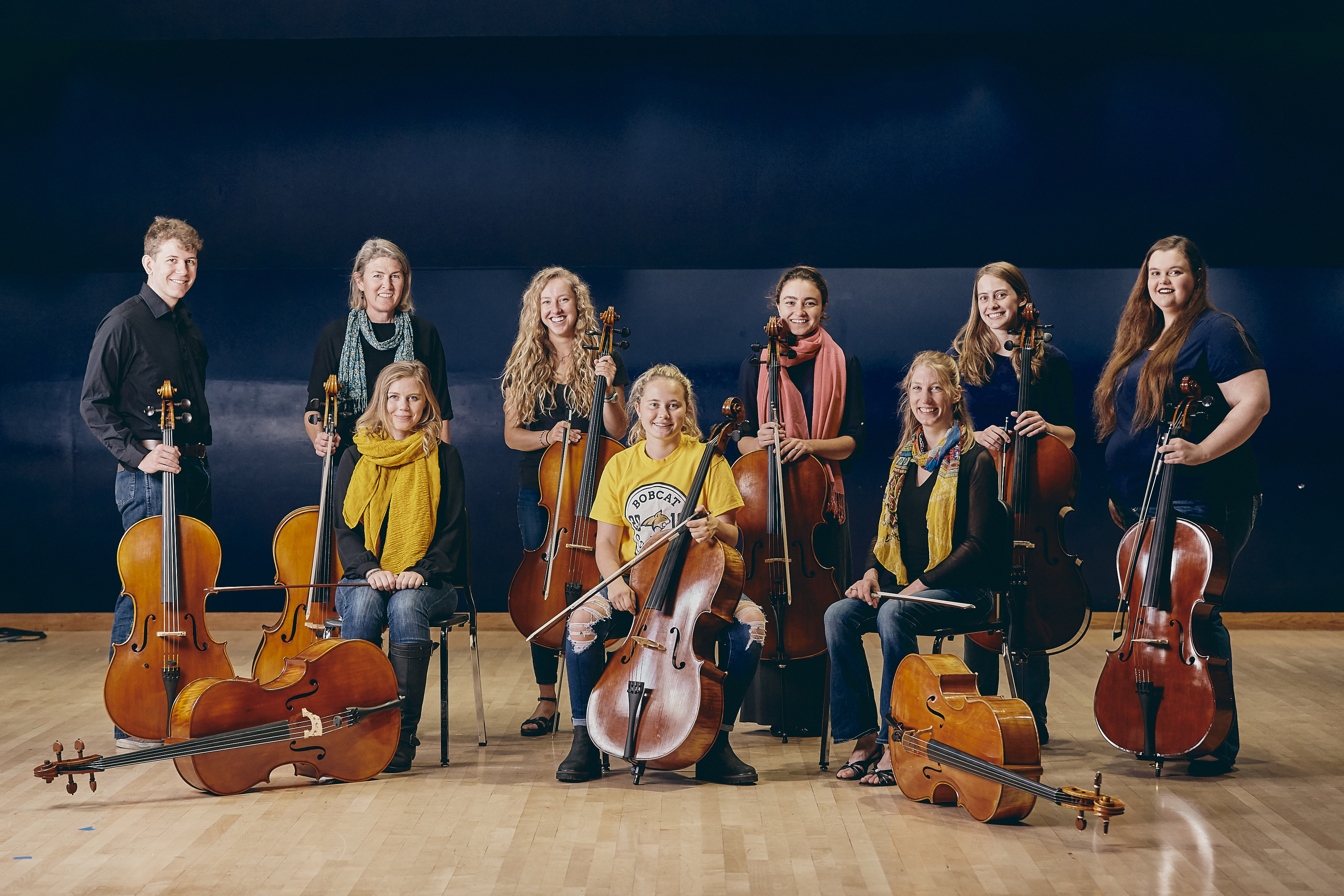 Cello Ensemble poses in Reynolds Recital Hall