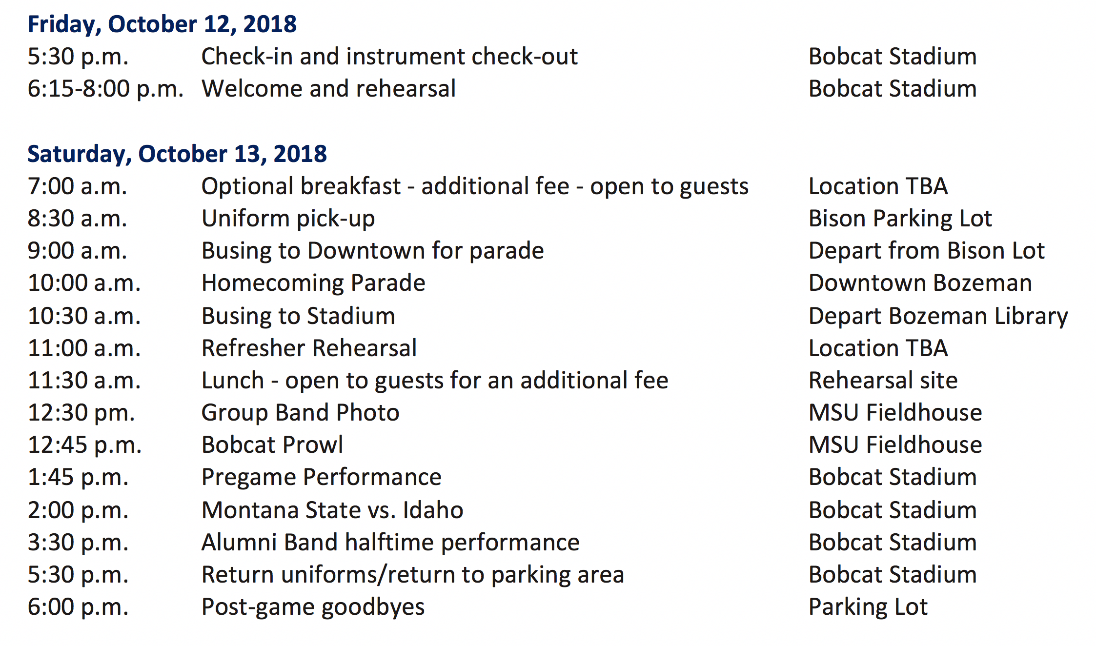Alumni Band Schedule
