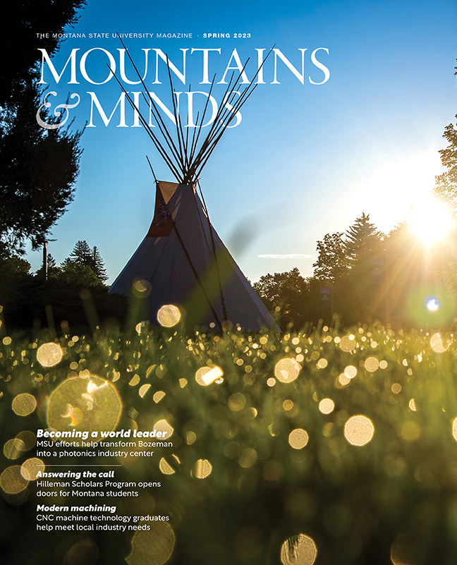 cover of Spring 2023 Mountains and Minds magazine showing a tipi on campus