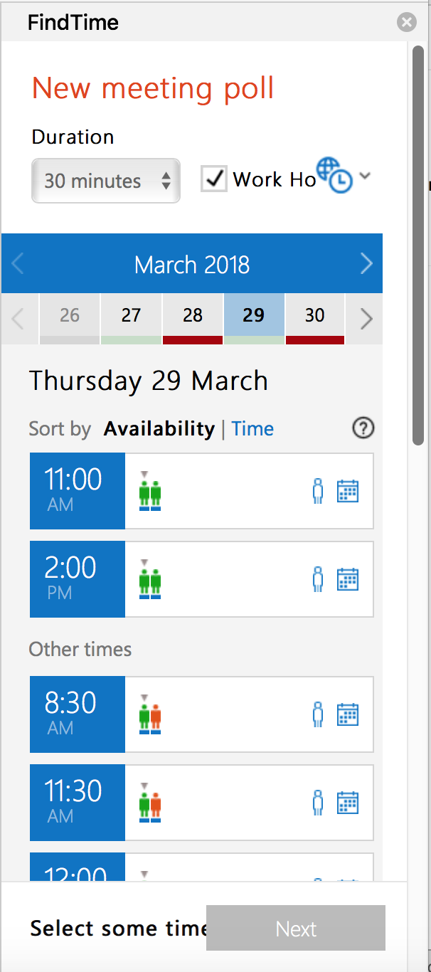 screenshot showing the FindTime New meeting poll panel with duration selection field and calendar where you select dates and times for your poll.