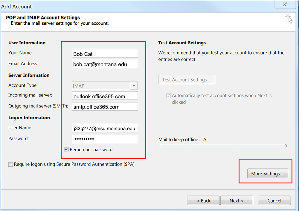 Screenshot of Add Account settings window