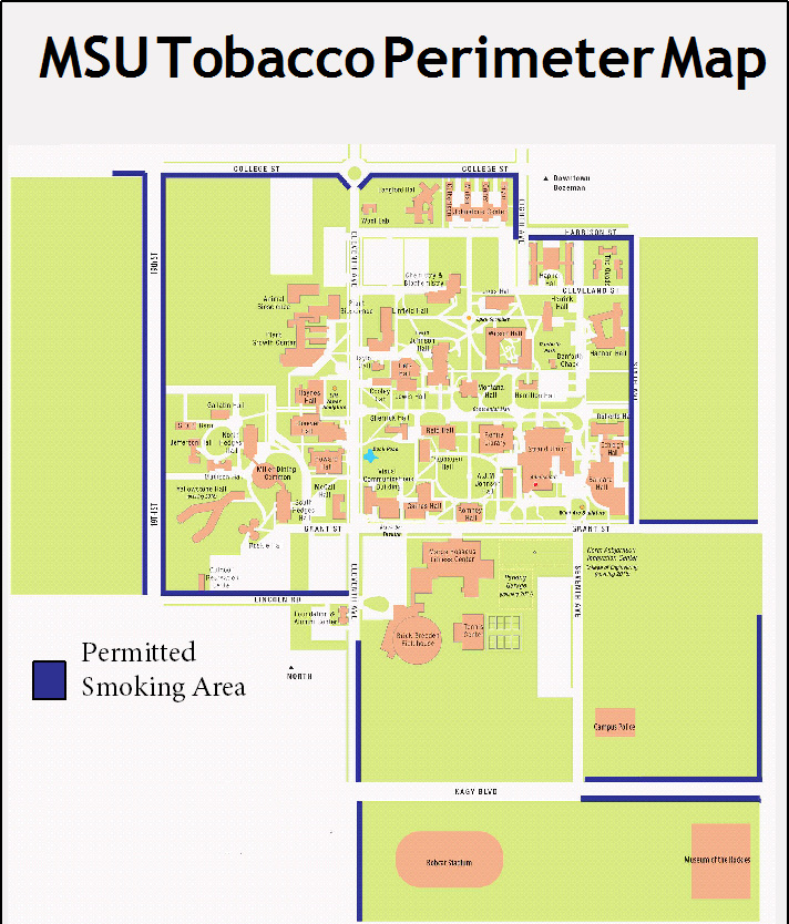 A map detailing permitted smoking areas around Montana State University. The area is described in greater depth below.