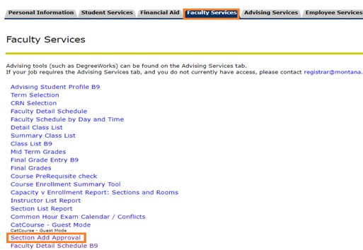 screenshot of MyInfo highlighting faculty services tab and "section add approval" link