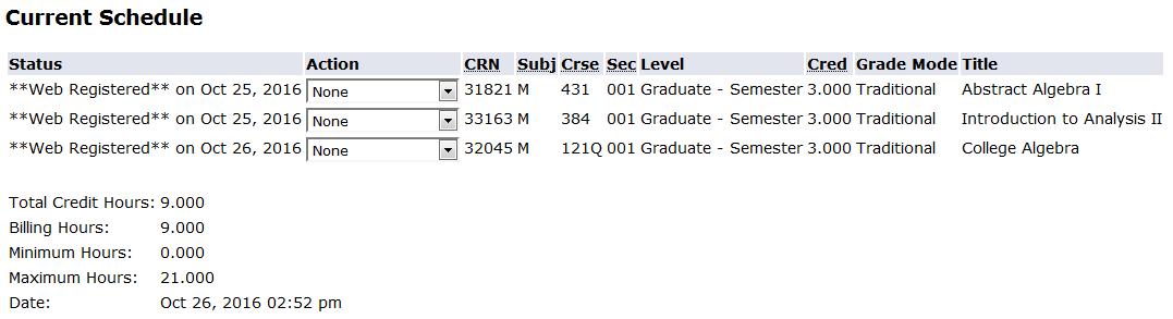 screen shot from my info current schedule screen indicating all courses were successfully registered on web