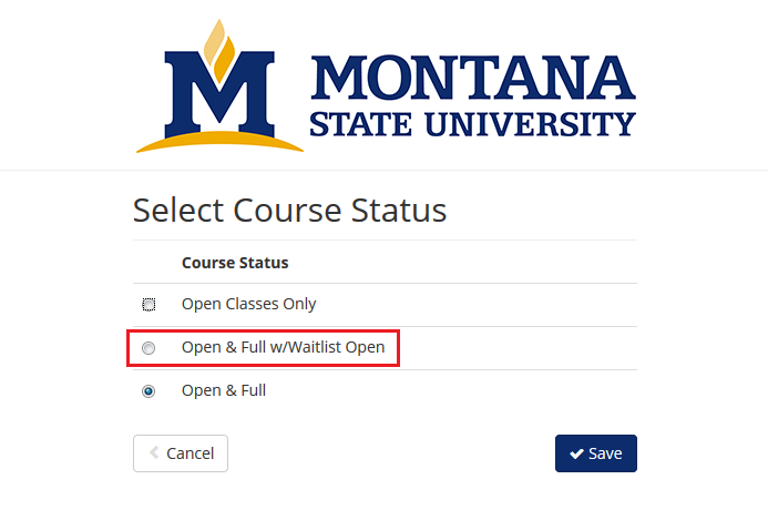 screenshot from cat course highlighting that students should select "Open & Full w/ Waitlist Open" option from available options