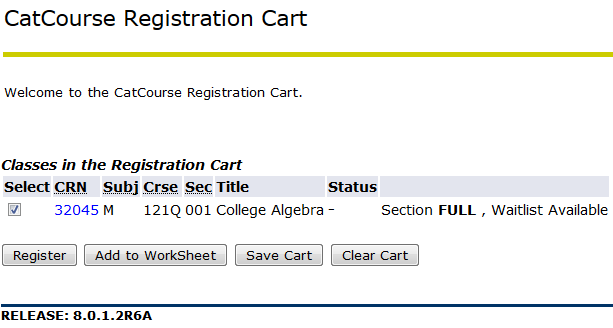 screen shot from my info indicating cat course registration cart contents