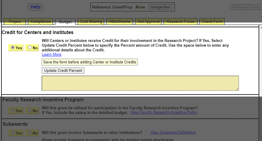 screenshot of ePCF system where parallel credit can be given to an insitute/center